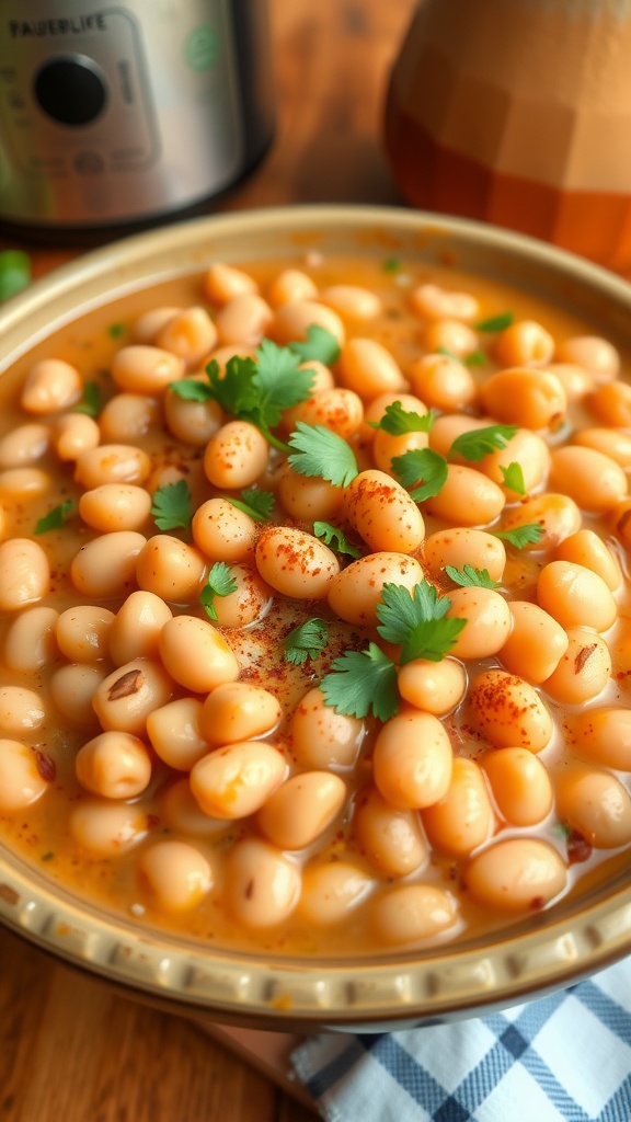 A bowl of savory pinto beans garnished with cilantro, on a rustic kitchen table.